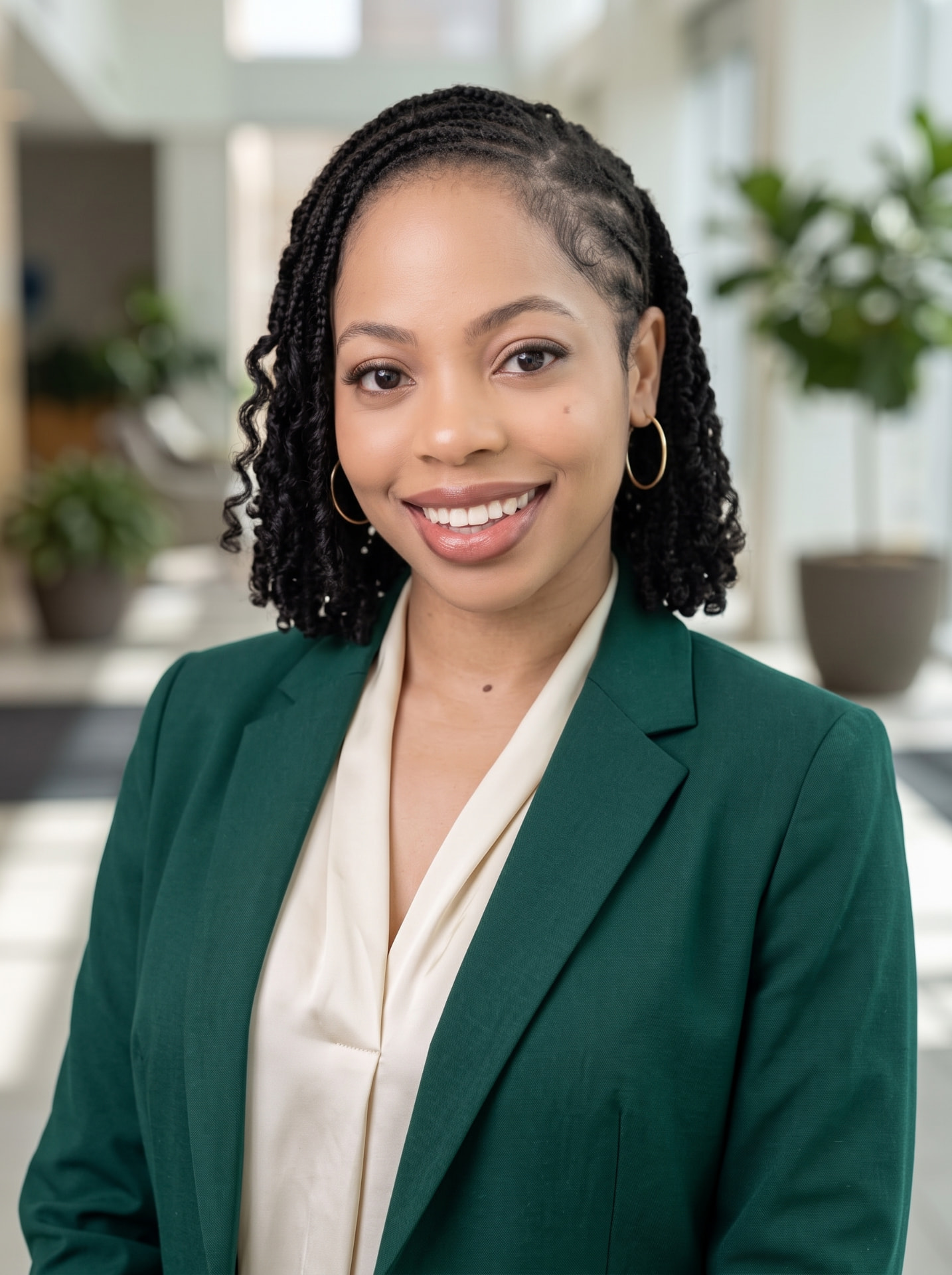 Team member in a green blazer